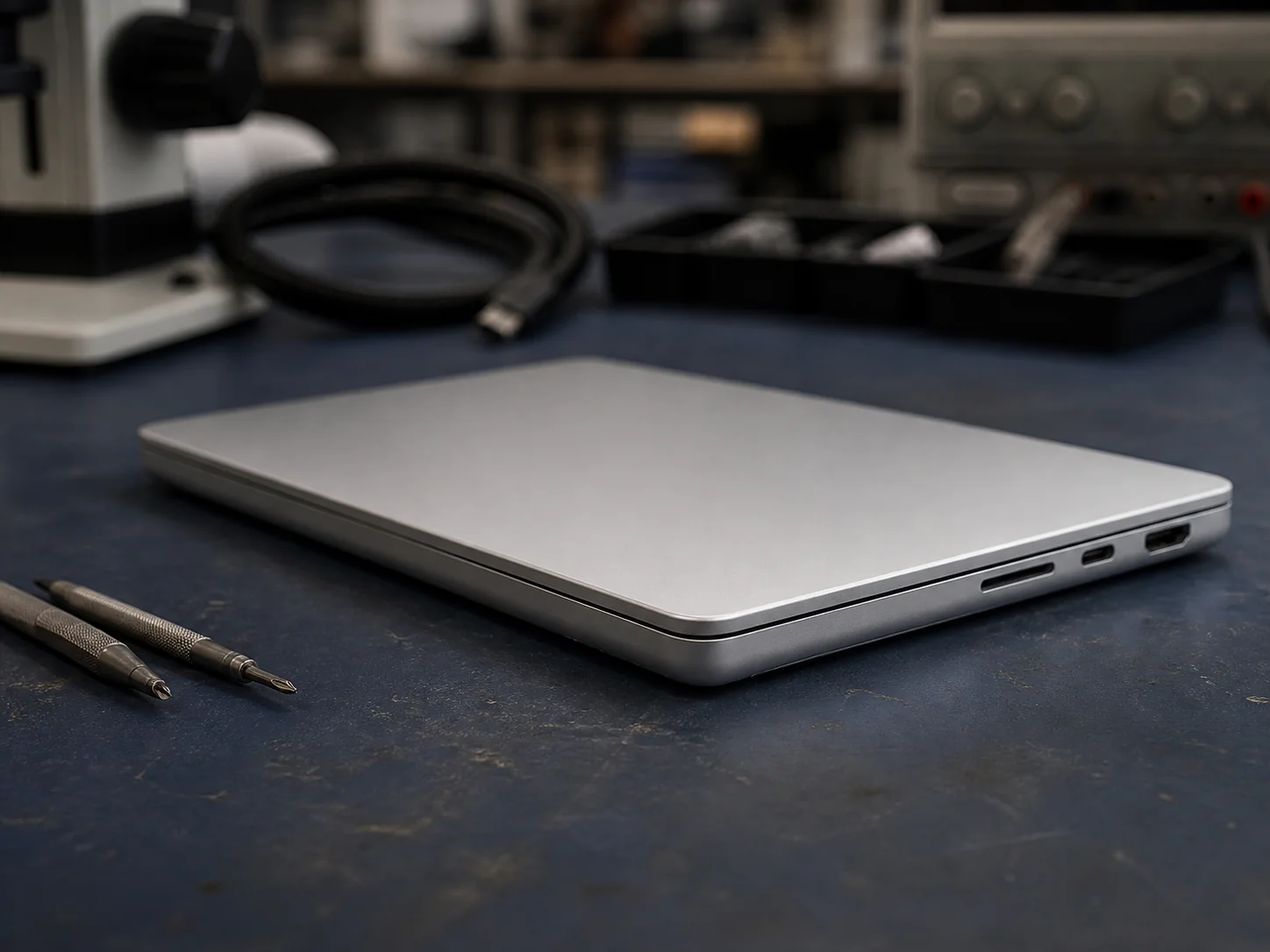 近期 14 英寸 MacBook Pro 在维修台上的数据恢复场景示意