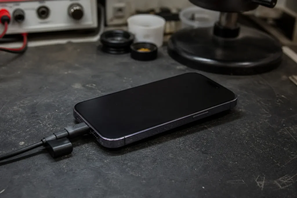 iPhone 14 Pro 循环启动：容量告警后的数据优先处理设备工作台静物图