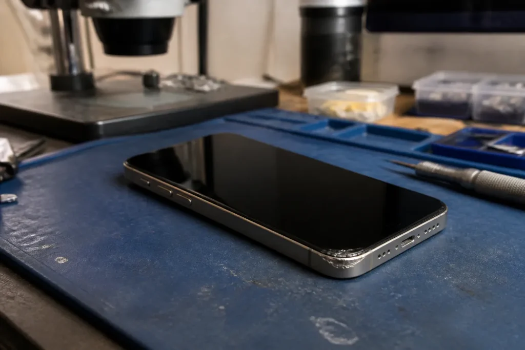 iPhone 16 Pro 跌落无显示：区分屏幕链路与启动状态设备工作台静物图