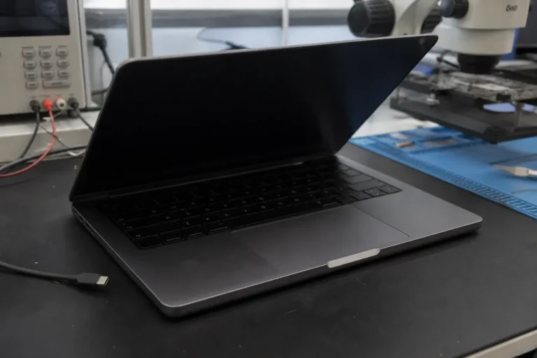 MacBook Pro 14 英寸 M4 不开机：板载存储与启动链路评估设备工作台静物图